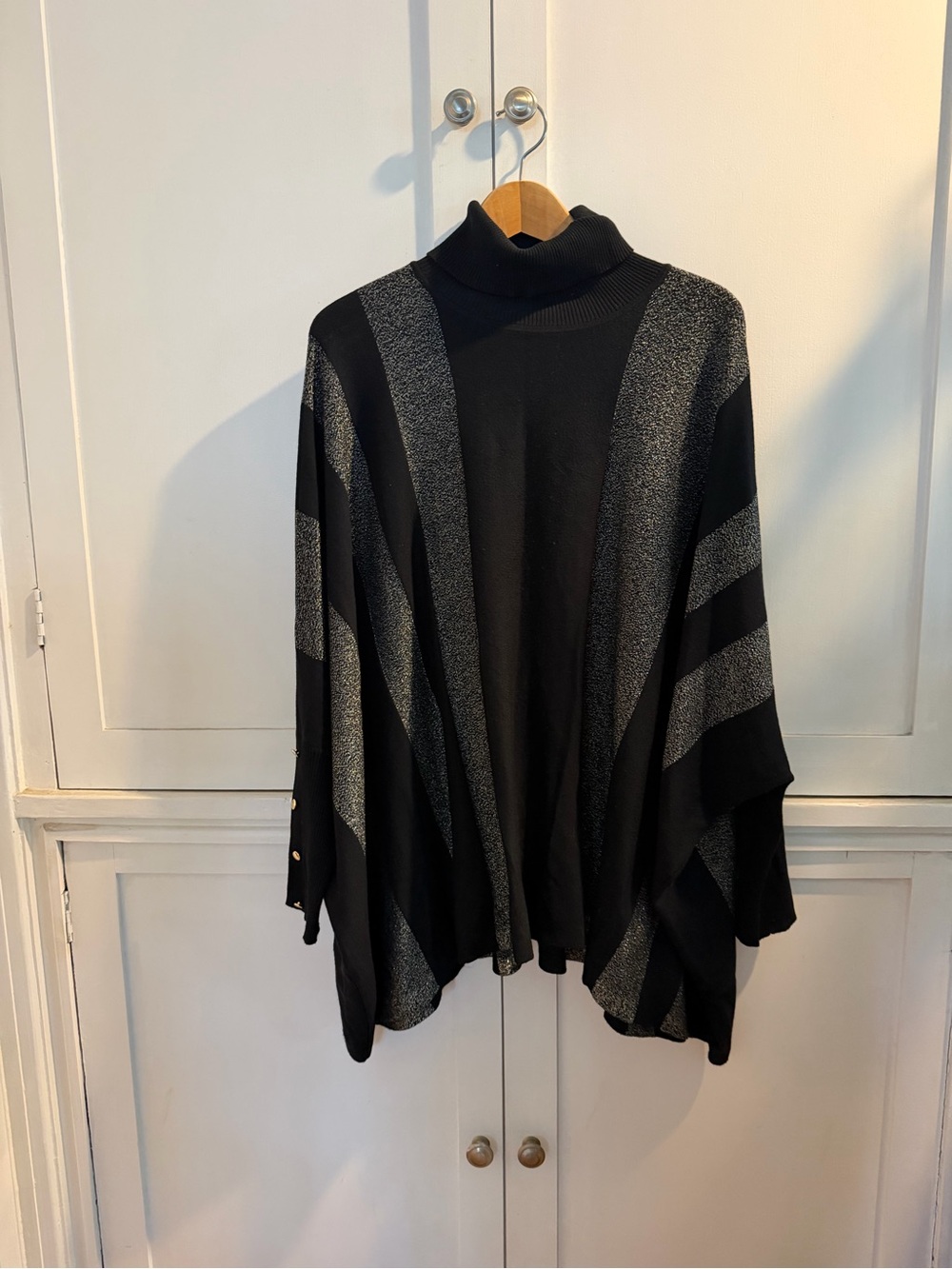 JM Collection Black and gold Striped Turtleneck Poncho Sweater